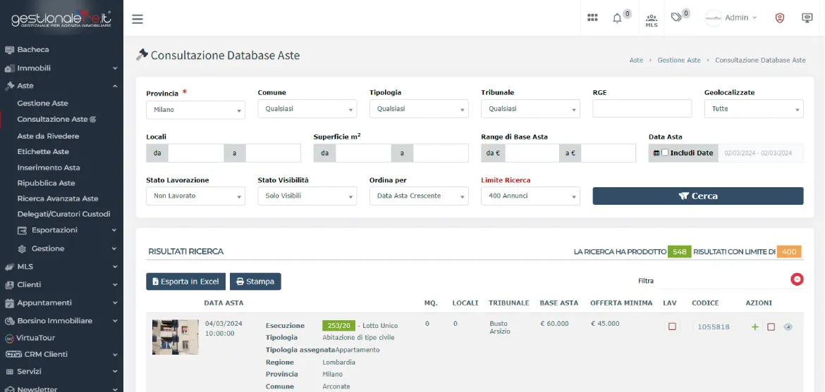 Schermata di ricerca e consultazione del database di Gestionale Aste Immobiliari