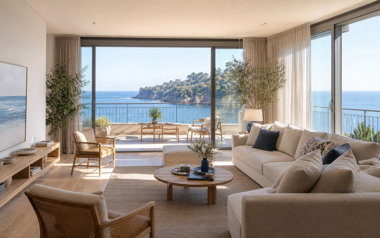 Soggiorno luminoso di un appartamento con vista sul mare