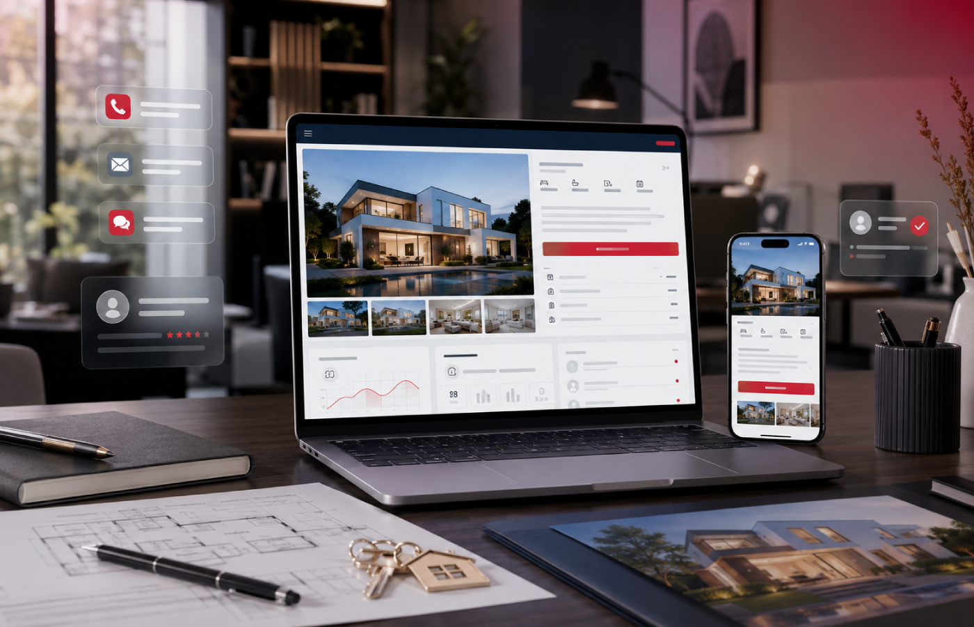 Sito immobiliare con scheda immobile visualizzato su computer e smartphone