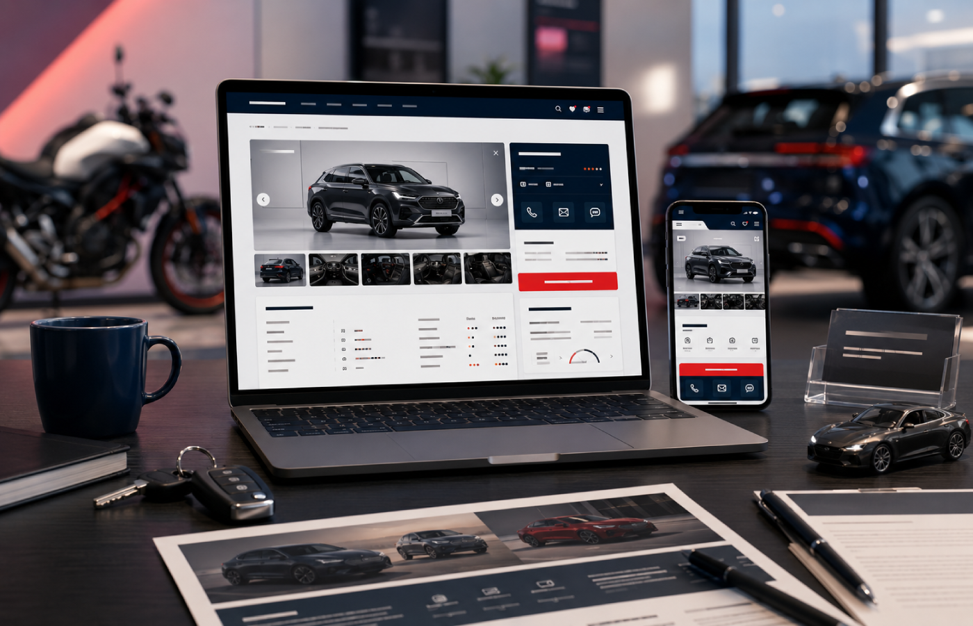 Catalogo auto e scheda veicolo visualizzati su computer e smartphone