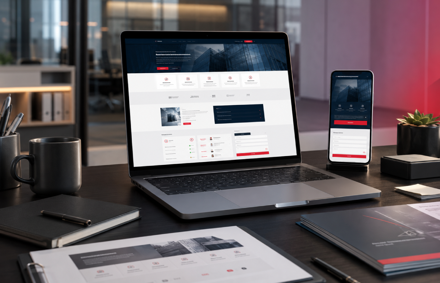 Sito web aziendale responsive visualizzato su computer e smartphone